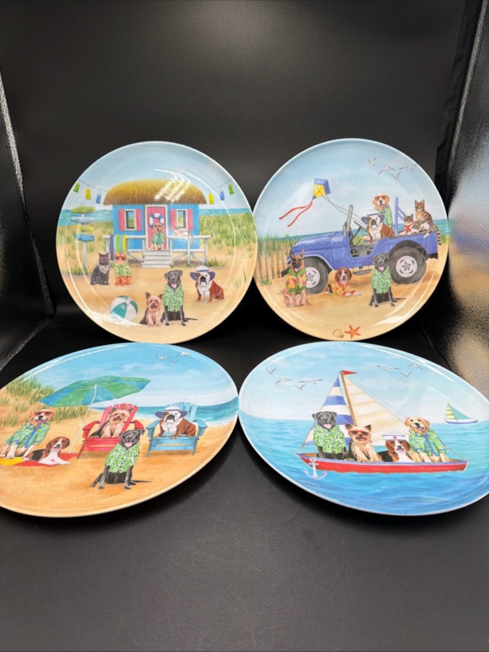'Dogs at the Seashore' - 4 Dinner/Accent MelamineWare Plates Bundle